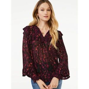 Scoop Oversized Ruffle Top With Long Tiered Sleeves & Tassels Size M